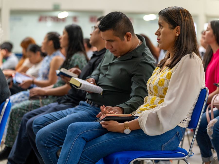 The worship team singing during a service